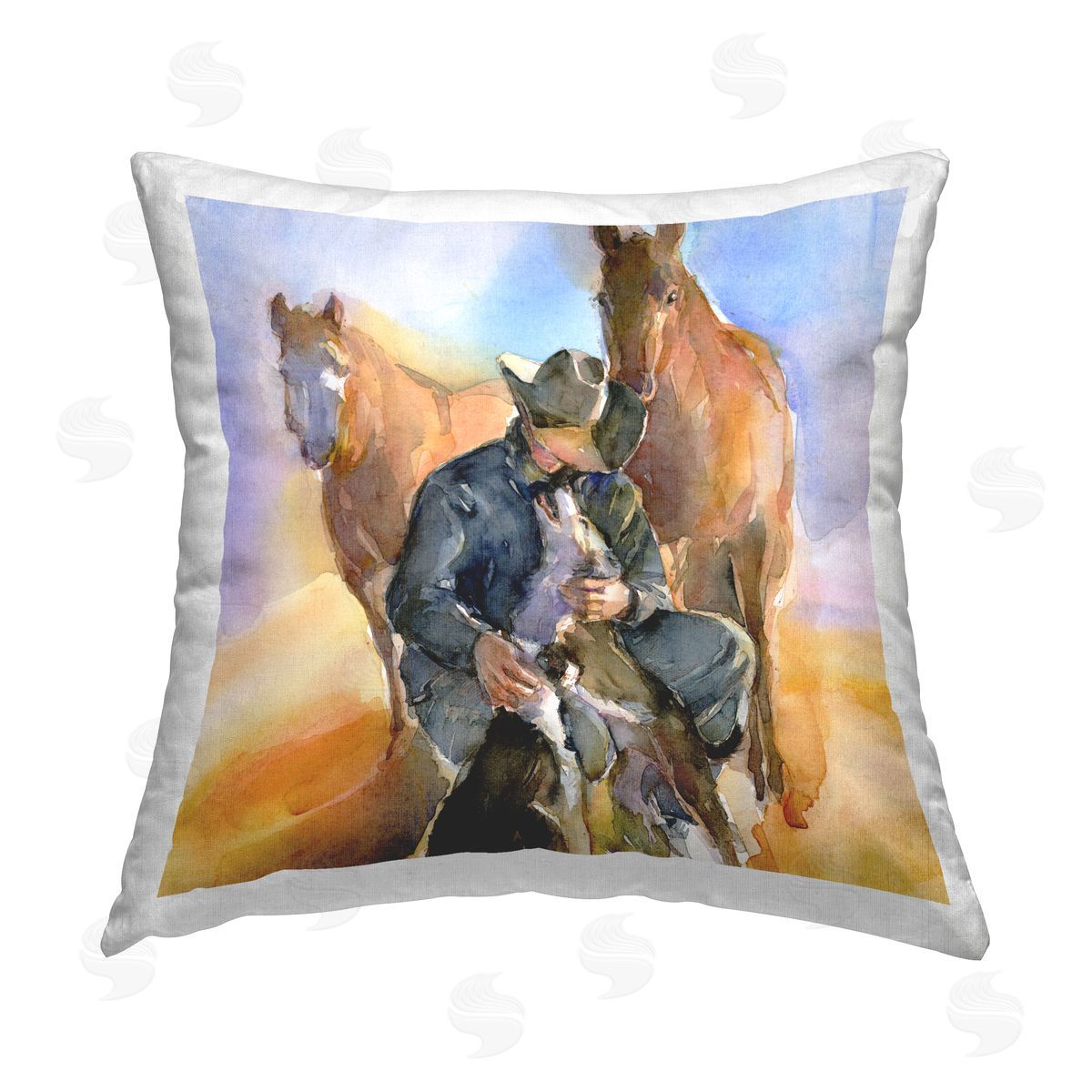 John Keeling Abstract Cowboy with Animals Printed Plush Polyester Throw Pillow