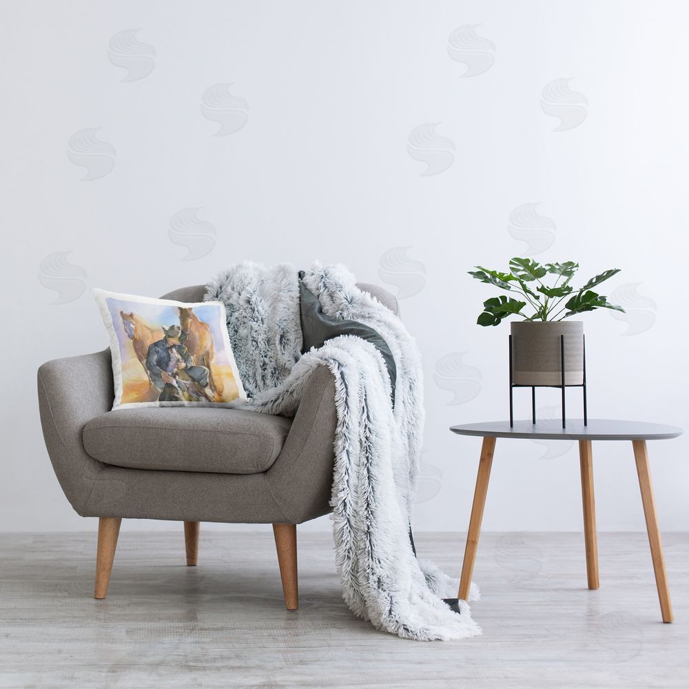 John Keeling Abstract Cowboy with Animals Printed Plush Polyester Throw Pillow On Chair
