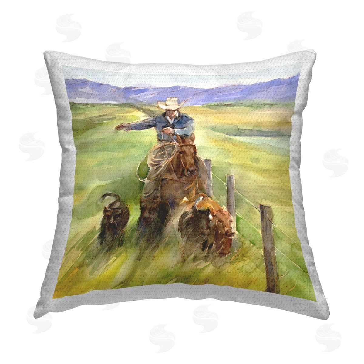 John Keeling Cowboy Herding Cattle Outdoor Quick-Dry Polyester Printed Throw Pillow