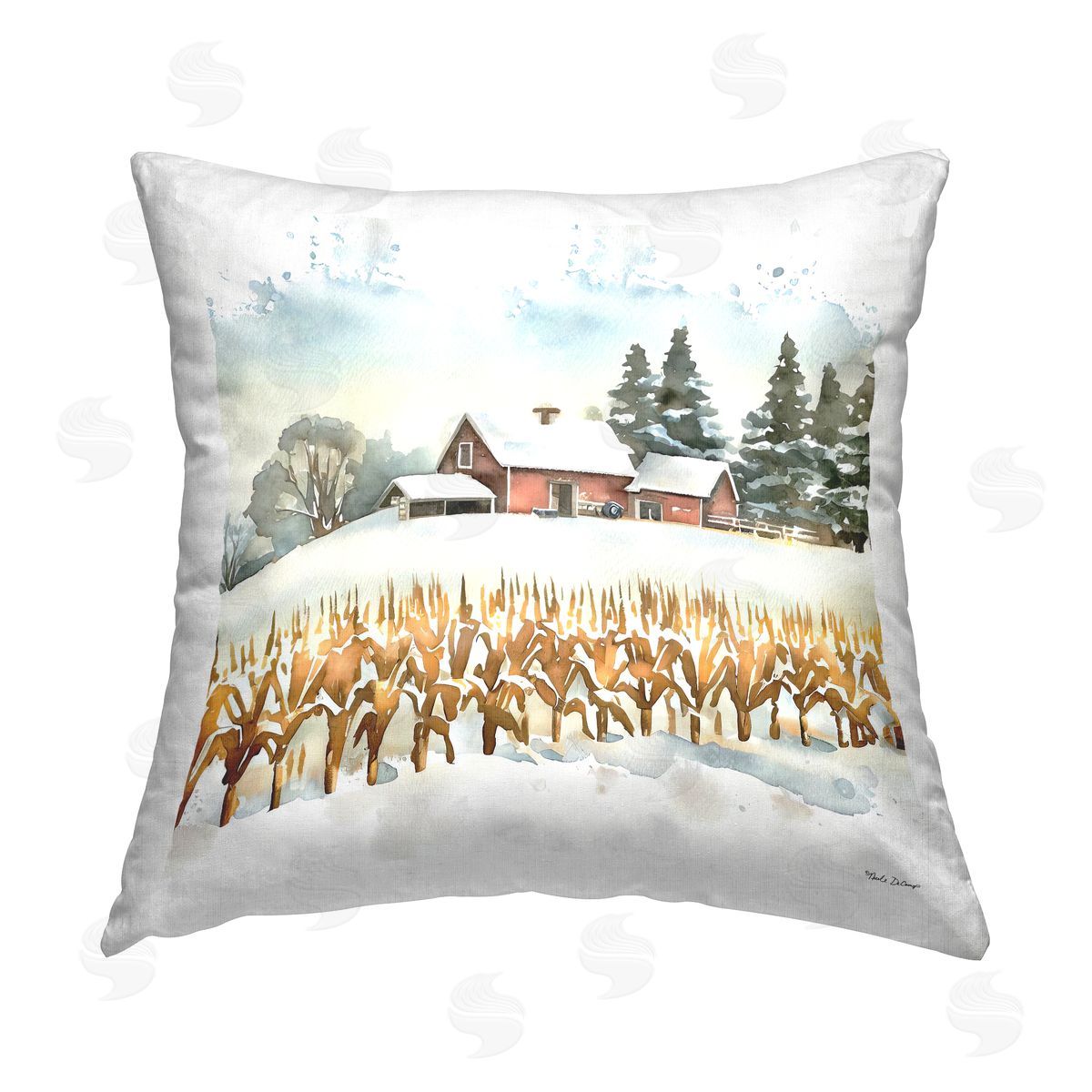 ND Art Snowy Wheat Field Farm Printed Plush Polyester Throw Pillow