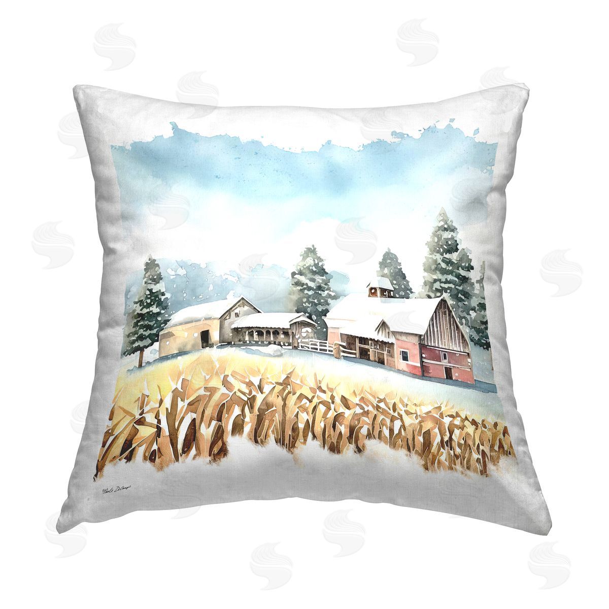 ND Art Winter Barn Wheat Field Printed Plush Polyester Throw Pillow