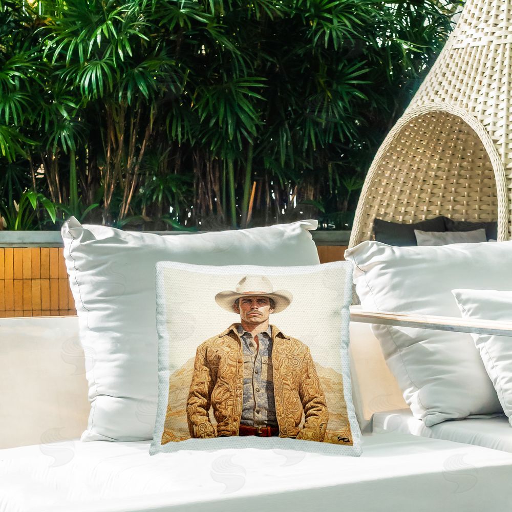 RB Desert Cowboy Landscape Outdoor Quick-Dry Polyester Printed Throw Pillow in Back Yard