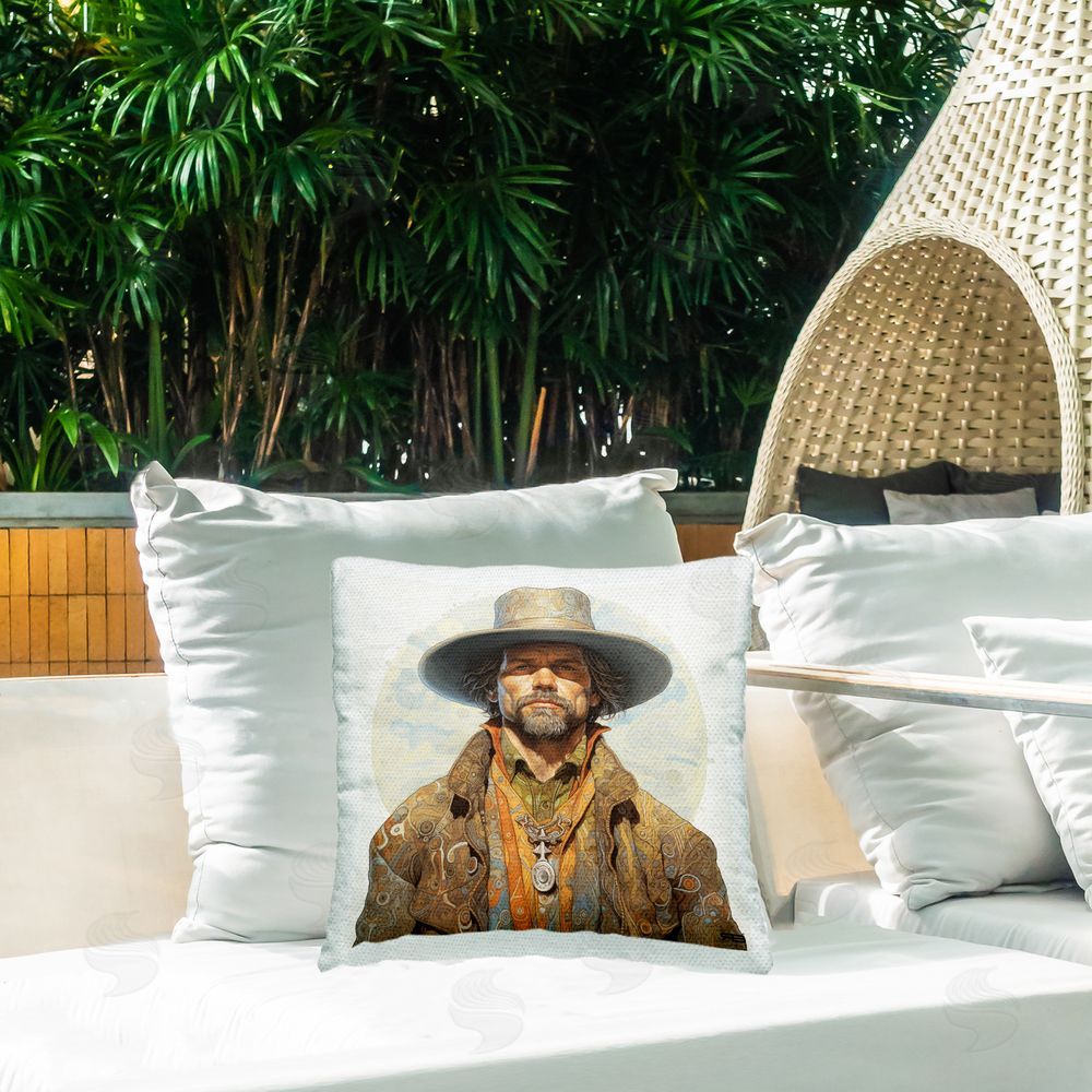 RB Patterned Rodeo Cowboy Outdoor Quick-Dry Polyester Printed Throw Pillow in Back Yard