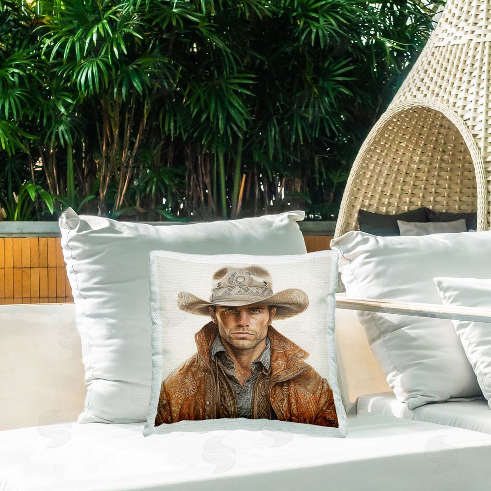 RB Cowboy with Patterned Hat Outdoor Quick-Dry Polyester Printed Throw Pillow in Back Yard