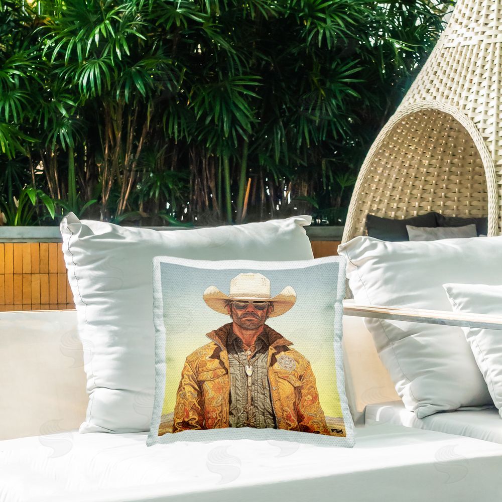 RB Cowboy & Desert Sunrise Outdoor Quick-Dry Polyester Printed Throw Pillow in Back Yard
