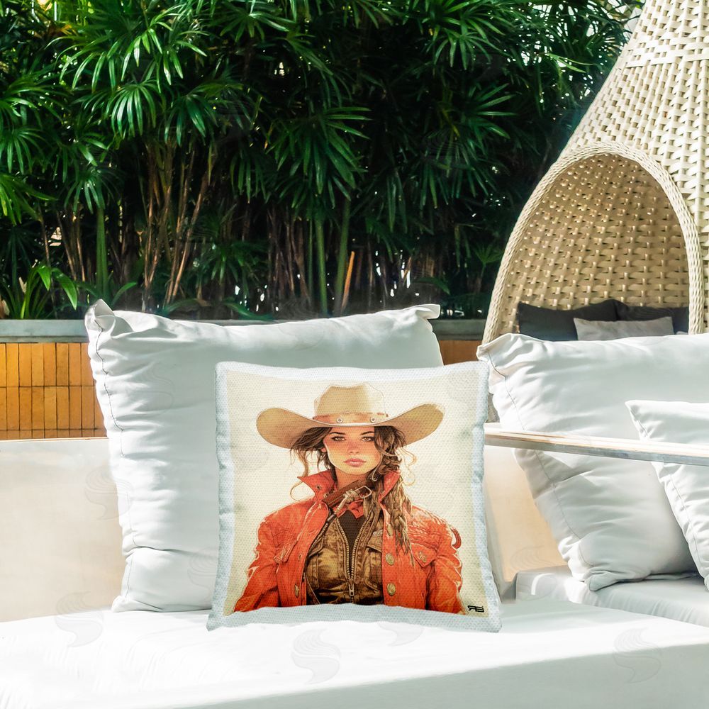RB Southern Stylish Cowgirl Outdoor Quick-Dry Polyester Printed Throw Pillow in Back Yard