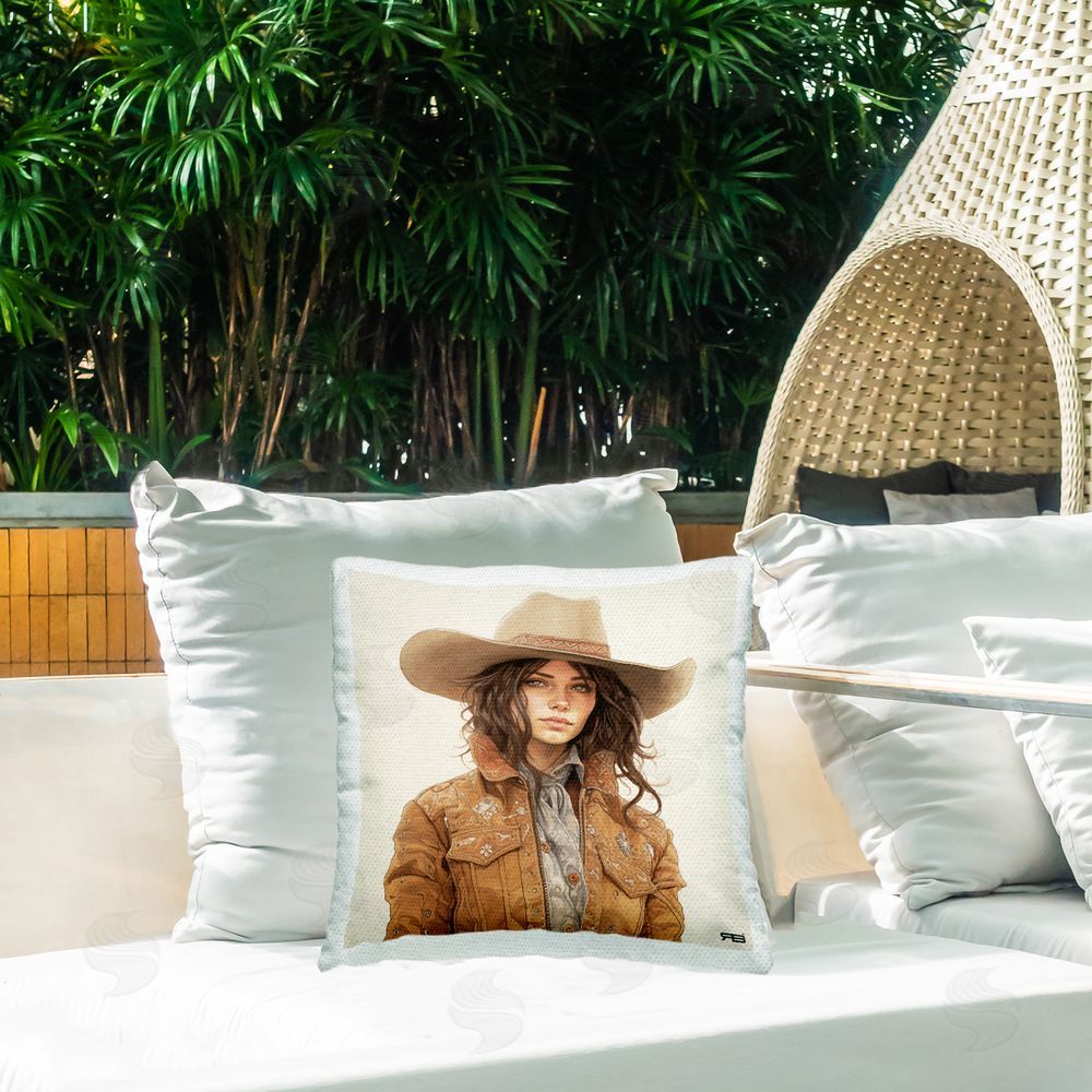 RB Cowgirl in Neutral Palette Outdoor Quick-Dry Polyester Printed Throw Pillow in Back Yard