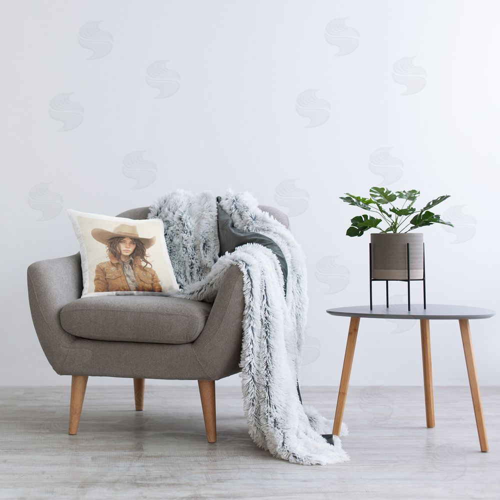 RB Cowgirl in Neutral Palette Printed Plush Polyester Throw Pillow On Chair