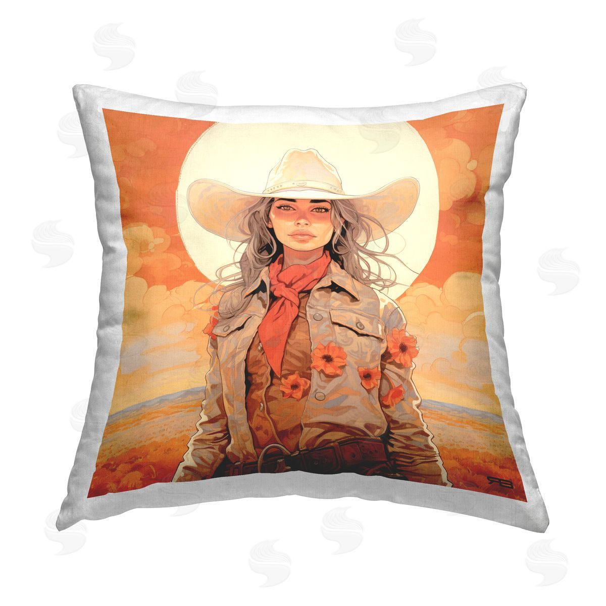 RB Cowgirl & Desert Moon Scene Printed Plush Polyester Throw Pillow