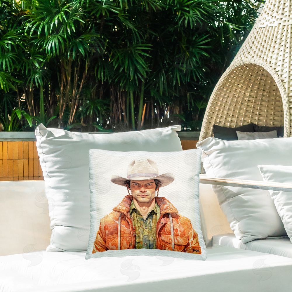 RB Detailed Cowboy Portrait Outdoor Quick-Dry Polyester Printed Throw Pillow in Back Yard