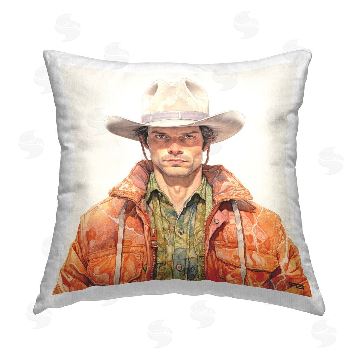 RB Detailed Cowboy Portrait Printed Plush Polyester Throw Pillow