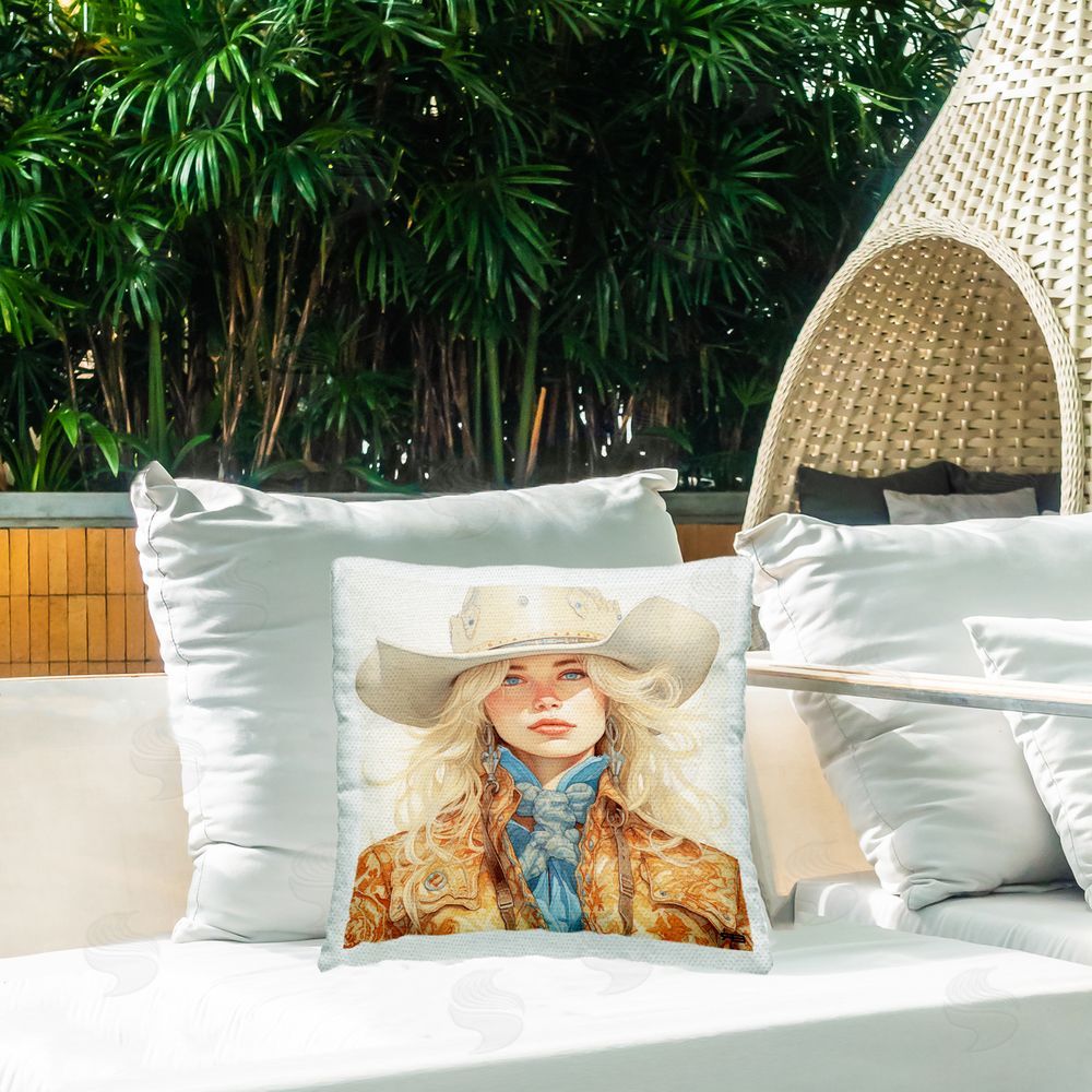 RB Cowgirl with Blonde Hair Outdoor Quick-Dry Polyester Printed Throw Pillow in Back Yard