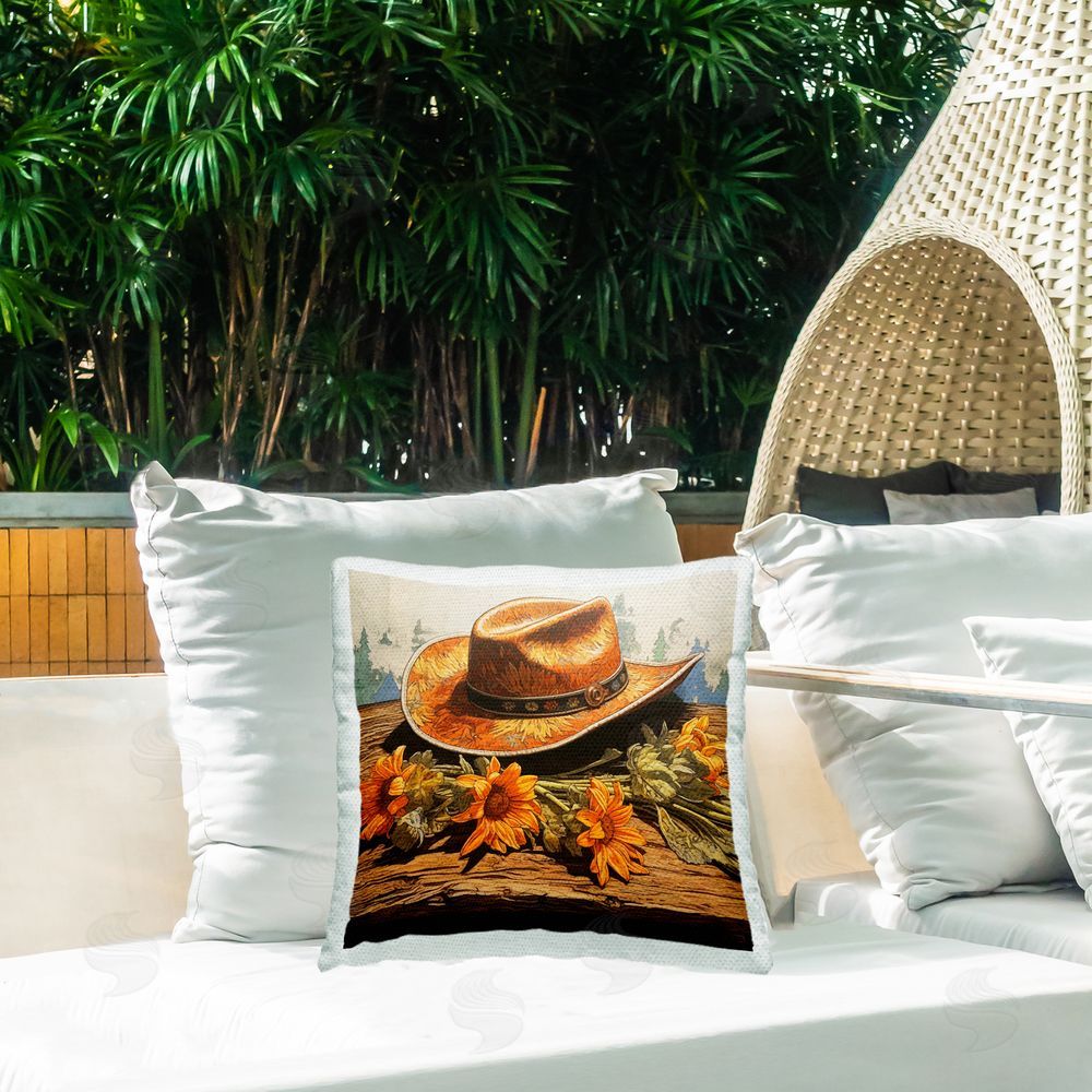RB Cowboy Hat & Sunflowers Outdoor Quick-Dry Polyester Printed Throw Pillow in Back Yard