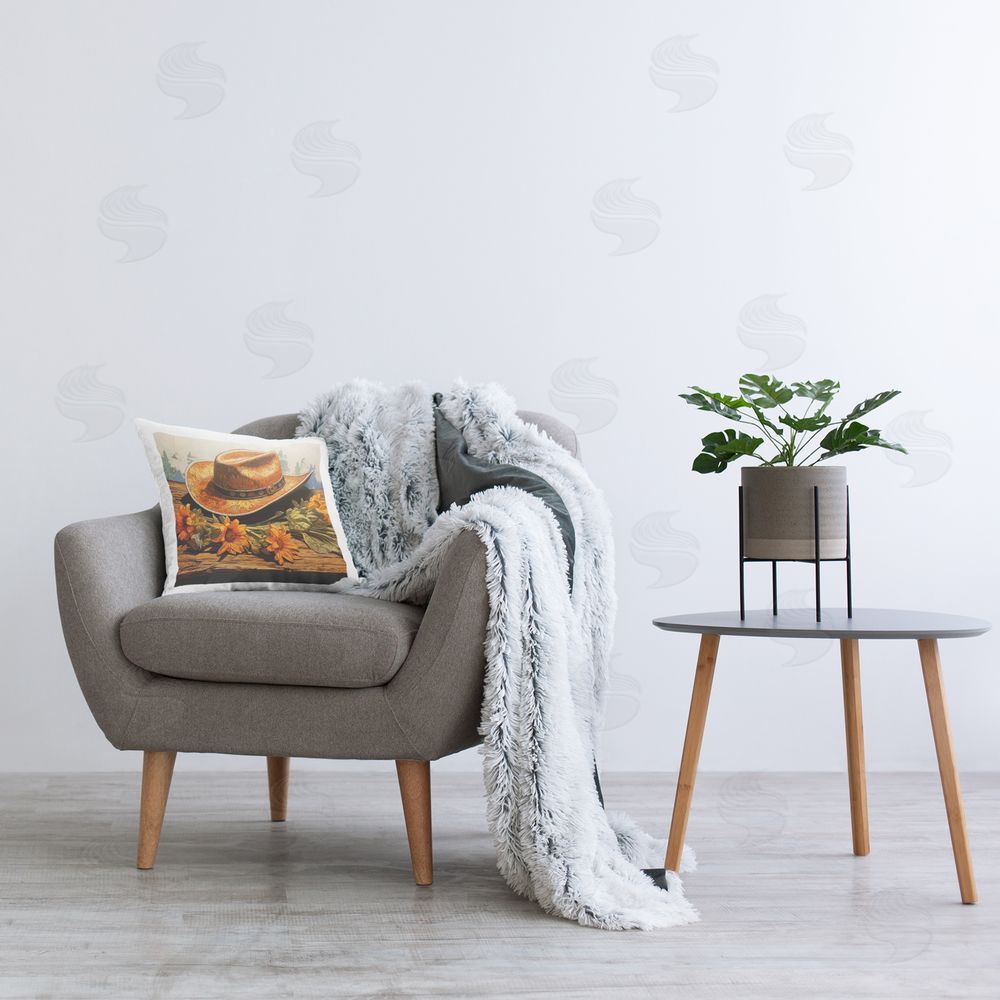 RB Cowboy Hat & Sunflowers Printed Plush Polyester Throw Pillow On Chair
