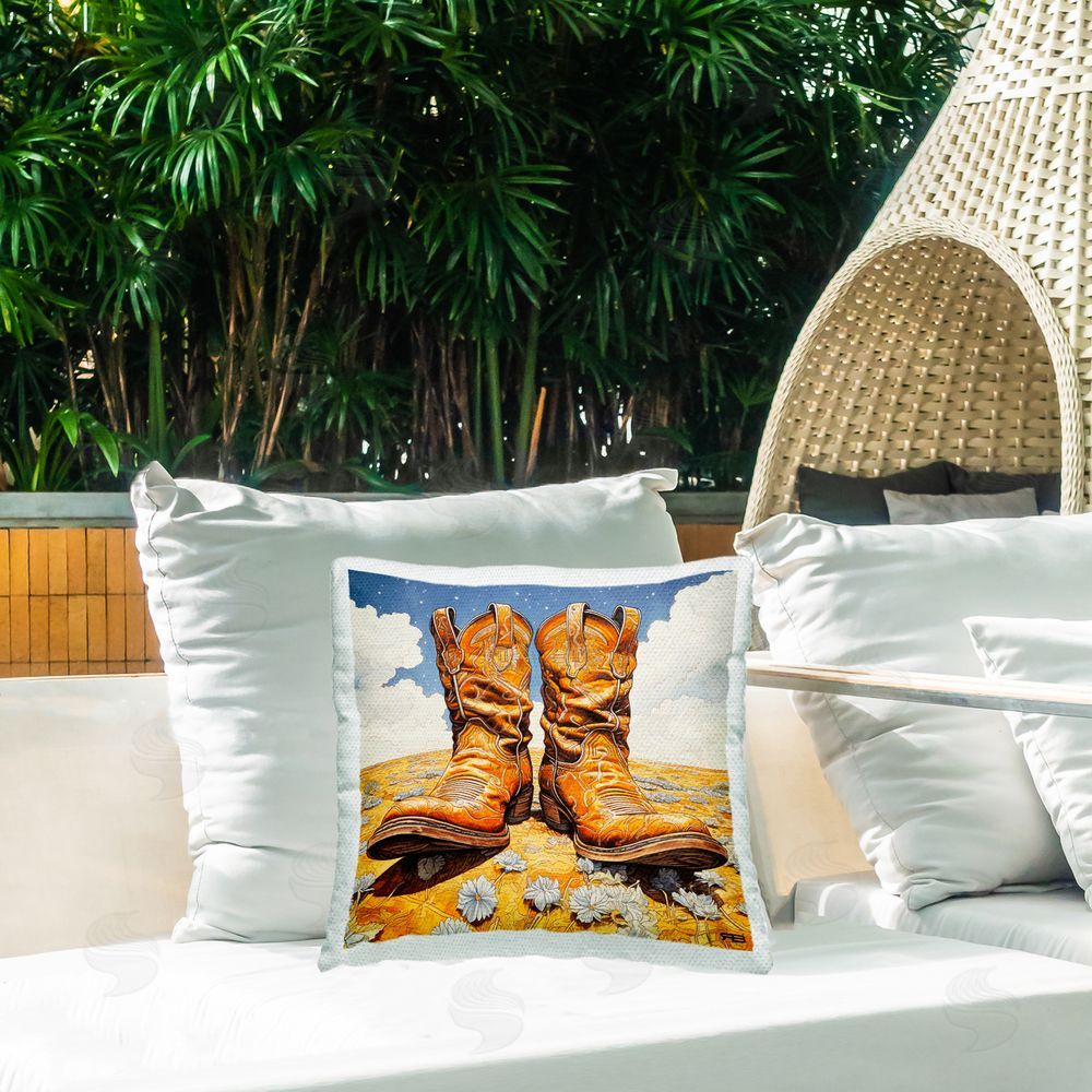 RB Rodeo Boots & Daisies Outdoor Quick-Dry Polyester Printed Throw Pillow in Back Yard