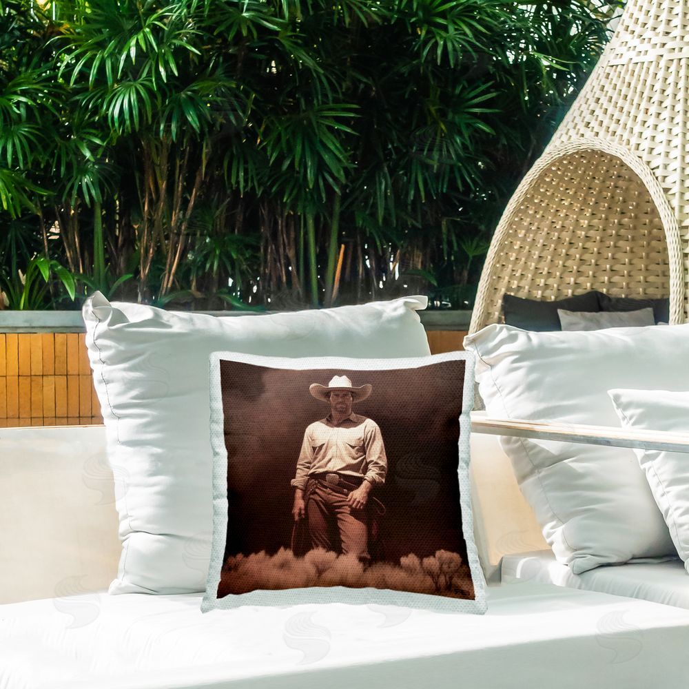 RB Rodeo Cowboy Stance Outdoor Quick-Dry Polyester Printed Throw Pillow in Back Yard