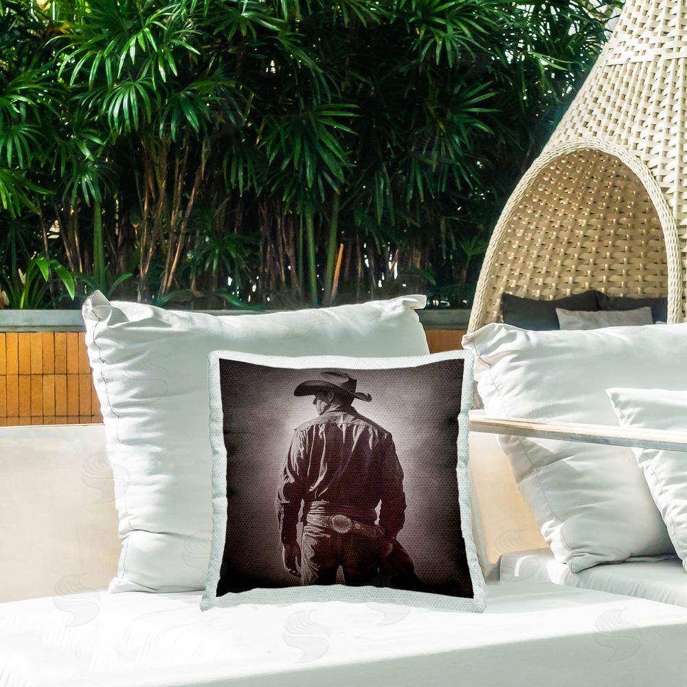 RB Dark Cowboy Silhouette Outdoor Quick-Dry Polyester Printed Throw Pillow in Back Yard