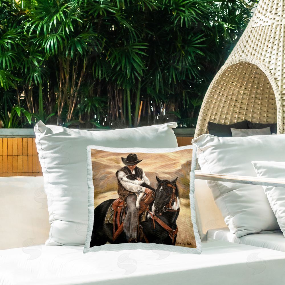 Victoria Schultz Loving Cowboy with Animals Outdoor Quick-Dry Polyester Printed Throw Pillow in Back Yard