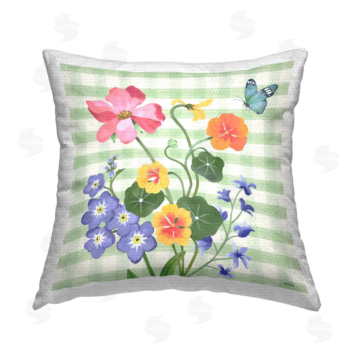 Jennifer Brinley rep. Levison Designs Flowers on Green Gingham Outdoor Quick-Dry Polyester Printed Throw Pillow