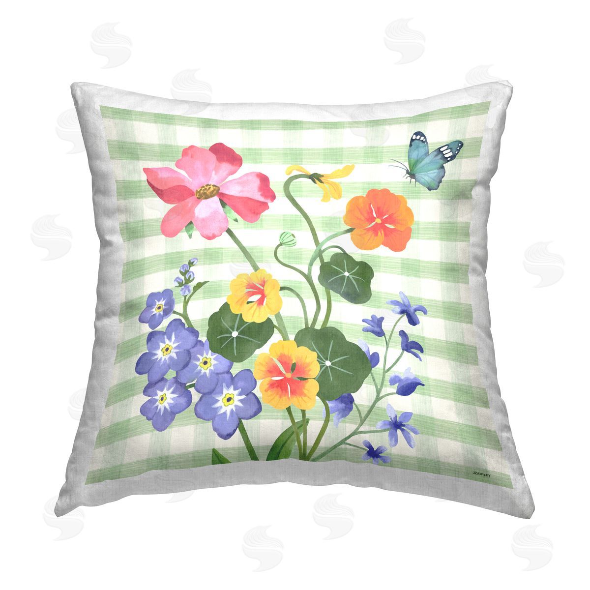 Jennifer Brinley rep. Levison Designs Flowers on Green Gingham Printed Plush Polyester Throw Pillow