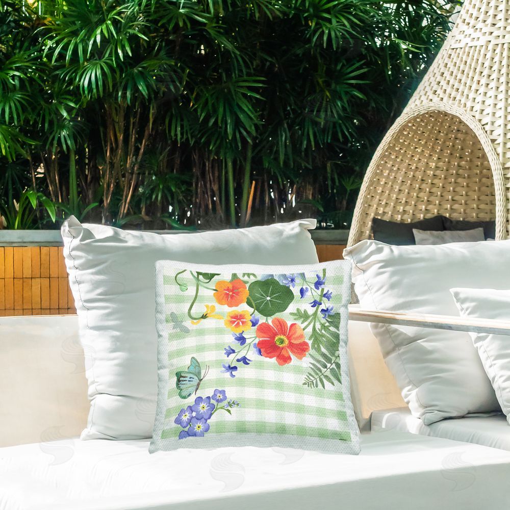 Jennifer Brinley rep. Levison Designs Botanicals on Gingham Outdoor Quick-Dry Polyester Printed Throw Pillow in Back Yard