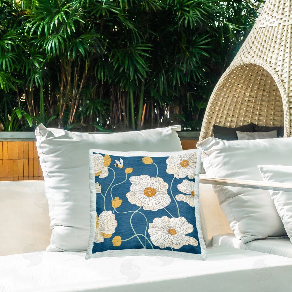 Jennifer Brinley rep. Levison Designs Poppy Flowers on Blue Outdoor Quick-Dry Polyester Printed Throw Pillow in Back Yard