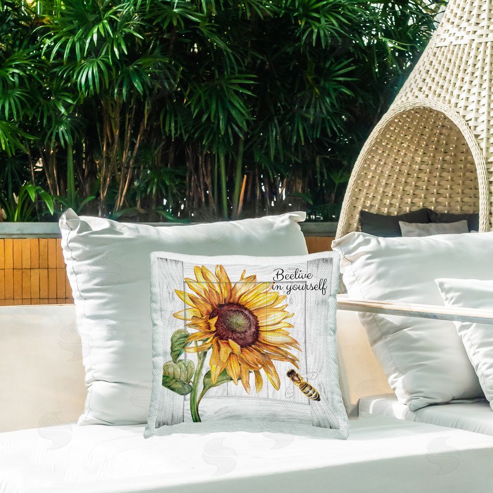 Studio 731 rep. Levison Designs Beelieve Floral Bee Pun Outdoor Quick-Dry Polyester Printed Throw Pillow in Back Yard