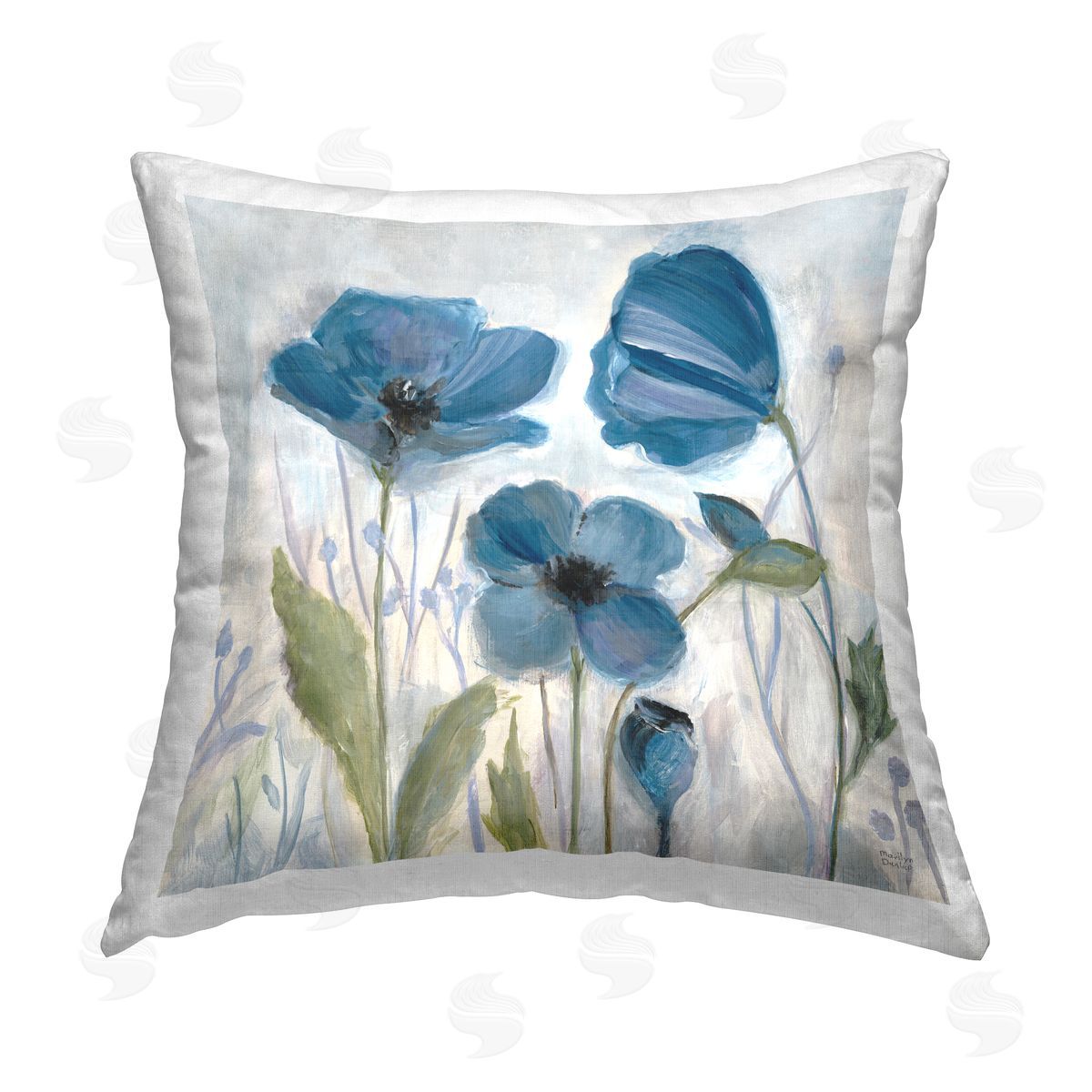 Marilyn Dunlap Blue Blooming Poppies Printed Plush Polyester Throw Pillow