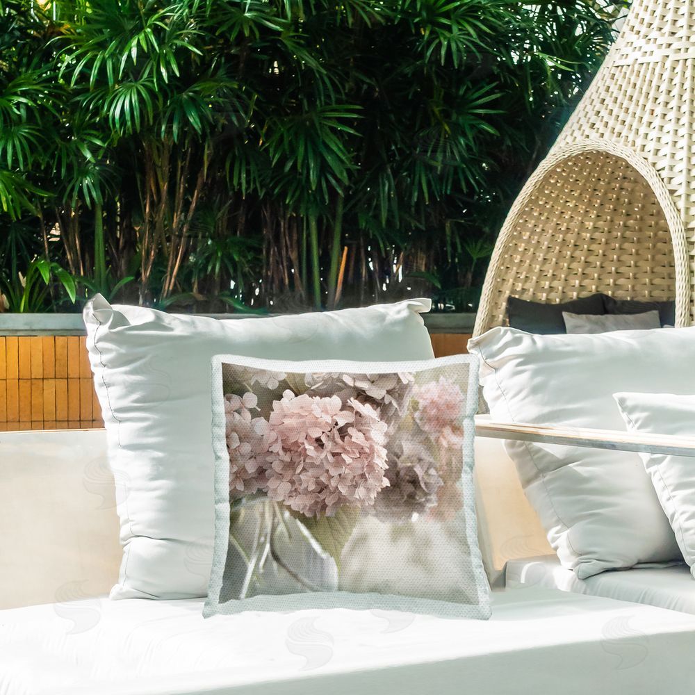 Irene Weisz Detailed Pink Hydrangea Outdoor Quick-Dry Polyester Printed Throw Pillow in Back Yard