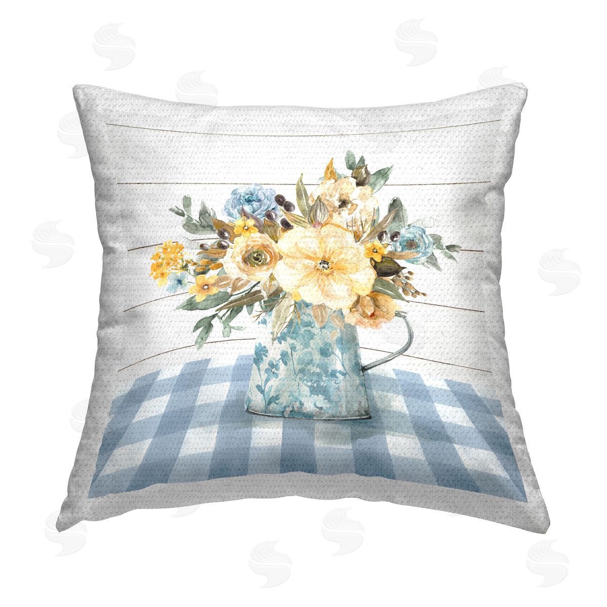 Carol Robinson Bouquet on Blue Gingham Outdoor Quick-Dry Polyester Printed Throw Pillow