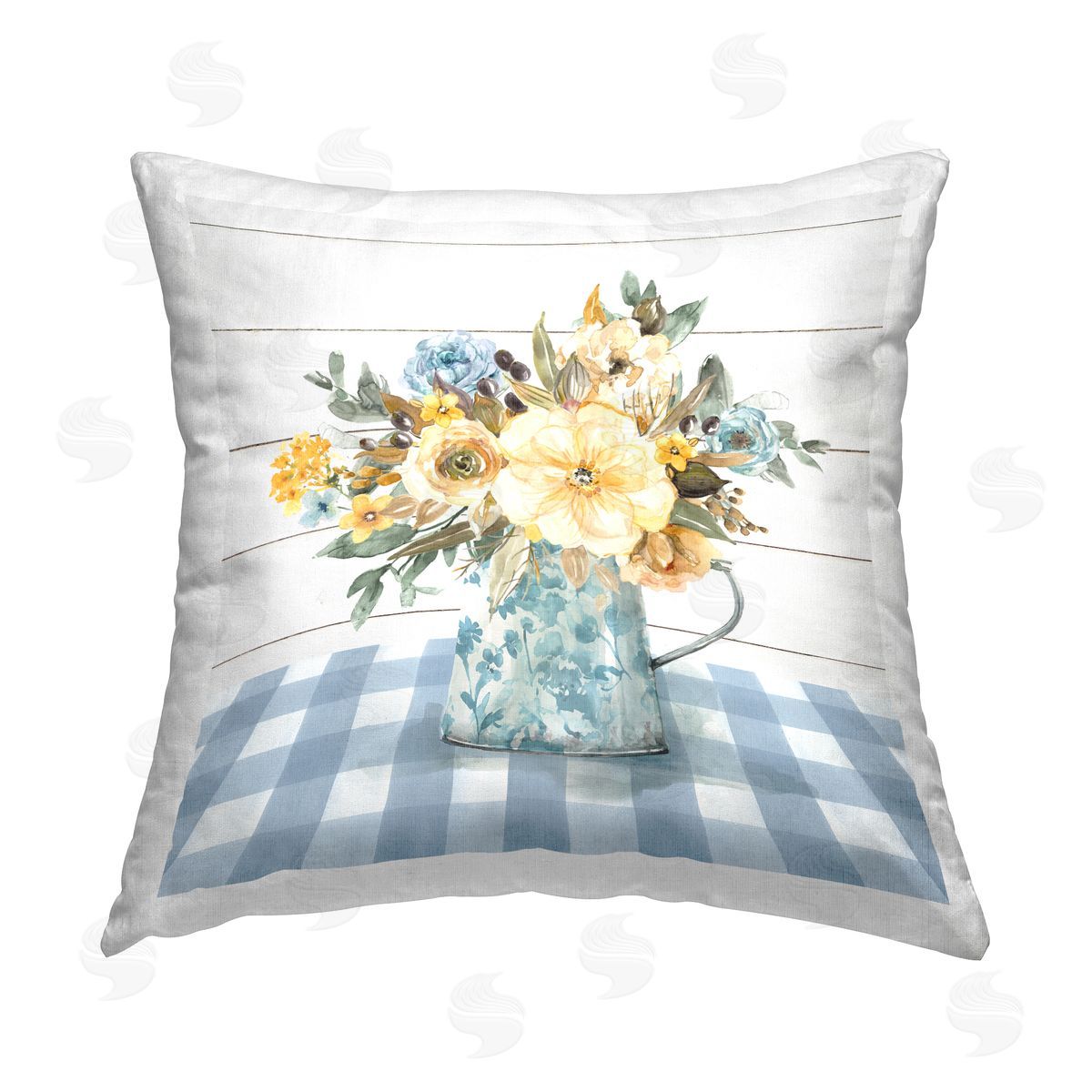 Carol Robinson Bouquet on Blue Gingham Printed Plush Polyester Throw Pillow