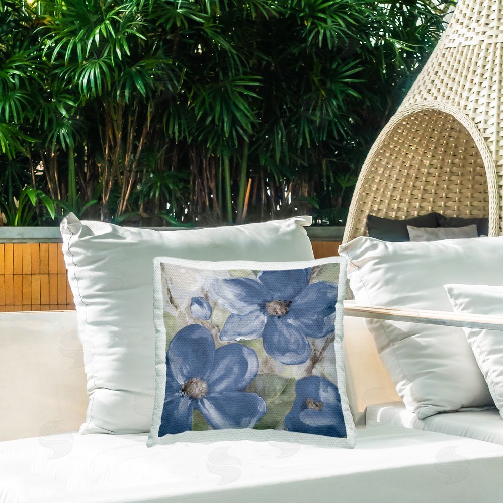 Lanie Loreth Abstract Blue Wildflowers Outdoor Quick-Dry Polyester Printed Throw Pillow in Back Yard