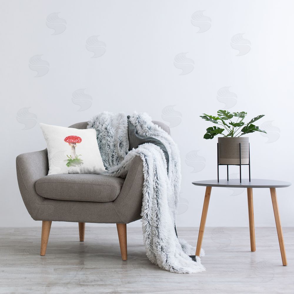 Two If By Sea Studios Red Mushroom on White Printed Plush Polyester Throw Pillow On Chair