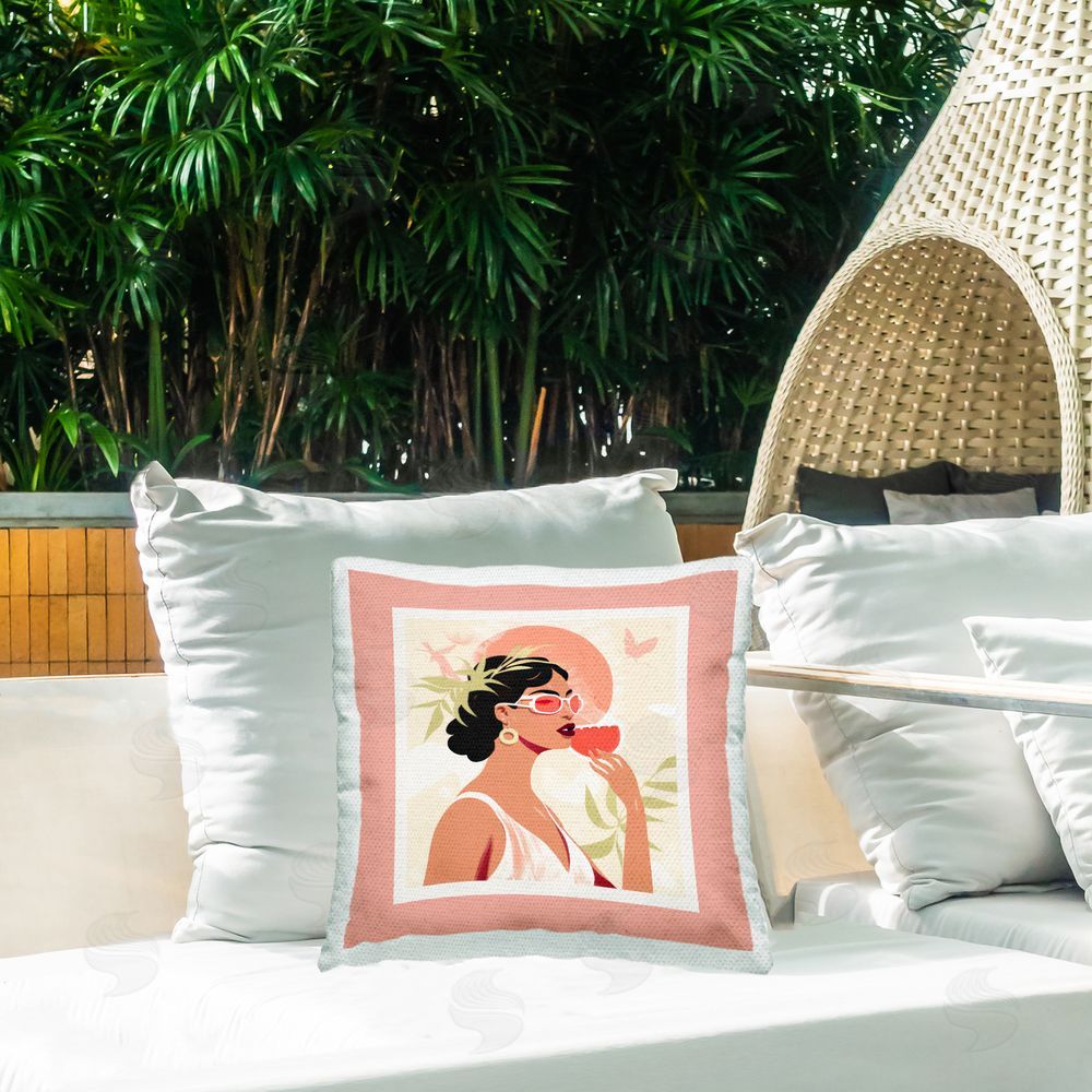 Lazar Studio Trendy Female with Plants Outdoor Quick-Dry Polyester Printed Throw Pillow in Back Yard