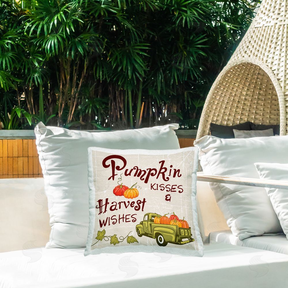 Diane Labombarbe Autumn Pumpkins & Phrase Outdoor Quick-Dry Polyester Printed Throw Pillow in Back Yard