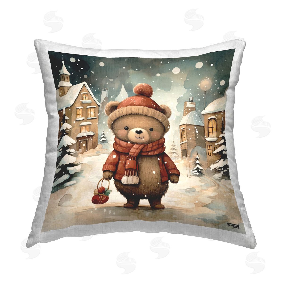 RB Bear in Snowy Village Printed Plush Polyester Throw Pillow