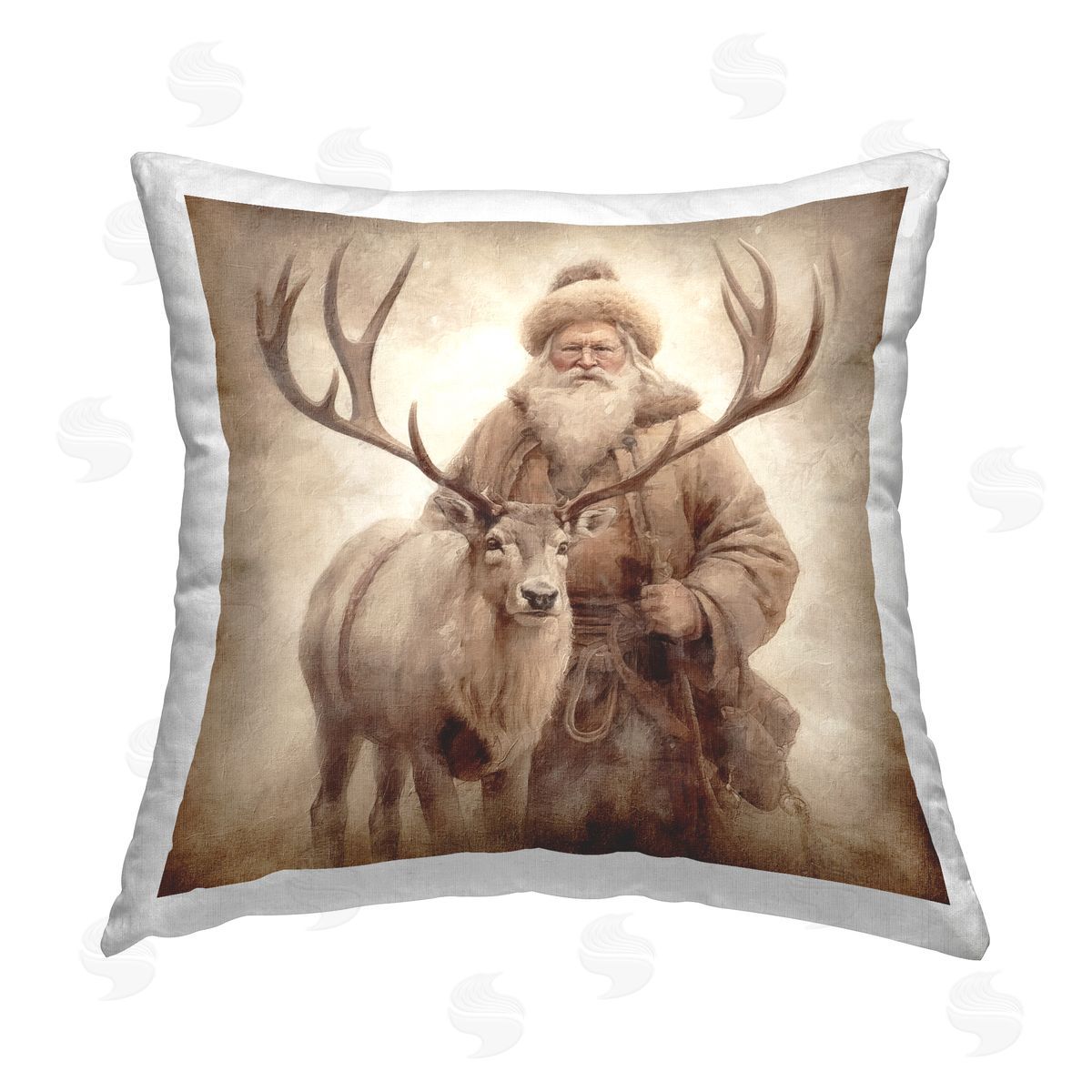 Riley B Traditional Santa & Elk Printed Plush Polyester Throw Pillow