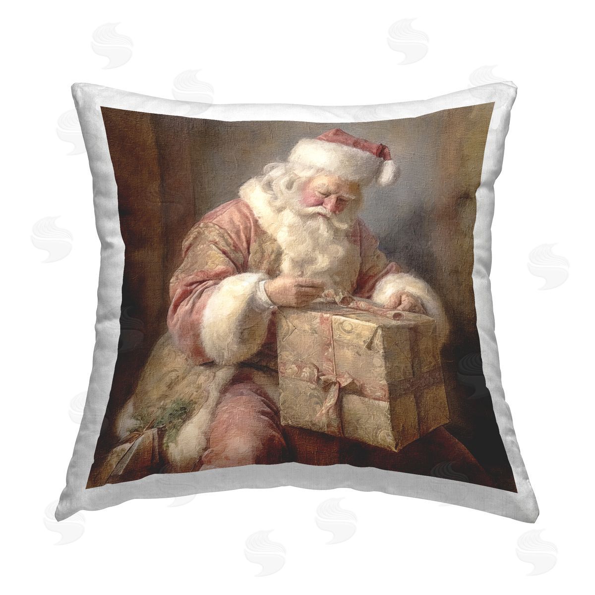 Riley B Vintage Santa Wrapping Gift Printed Plush Polyester Throw Pillow