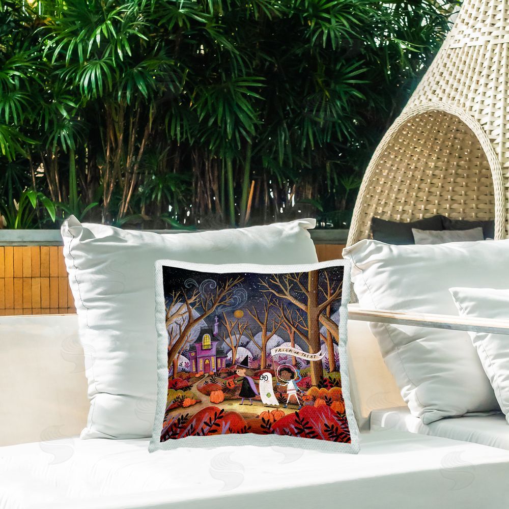 Rachel Nieman Trick Or Treating Scene Outdoor Quick-Dry Polyester Printed Throw Pillow in Back Yard