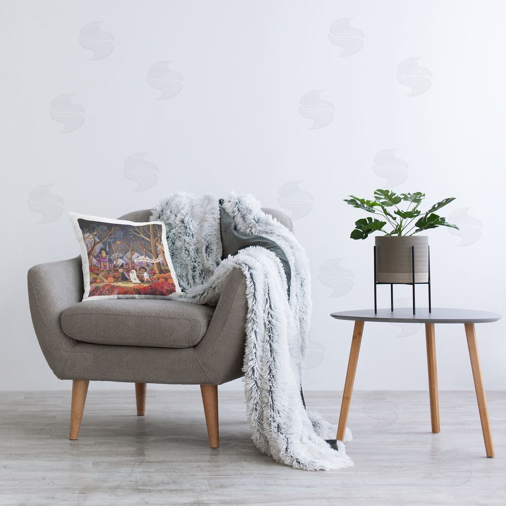 Rachel Nieman Trick Or Treating Scene Printed Plush Polyester Throw Pillow On Chair
