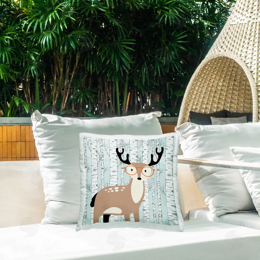 Kim Allen Deer & Birch Trees Outdoor Quick-Dry Polyester Printed Throw Pillow in Back Yard