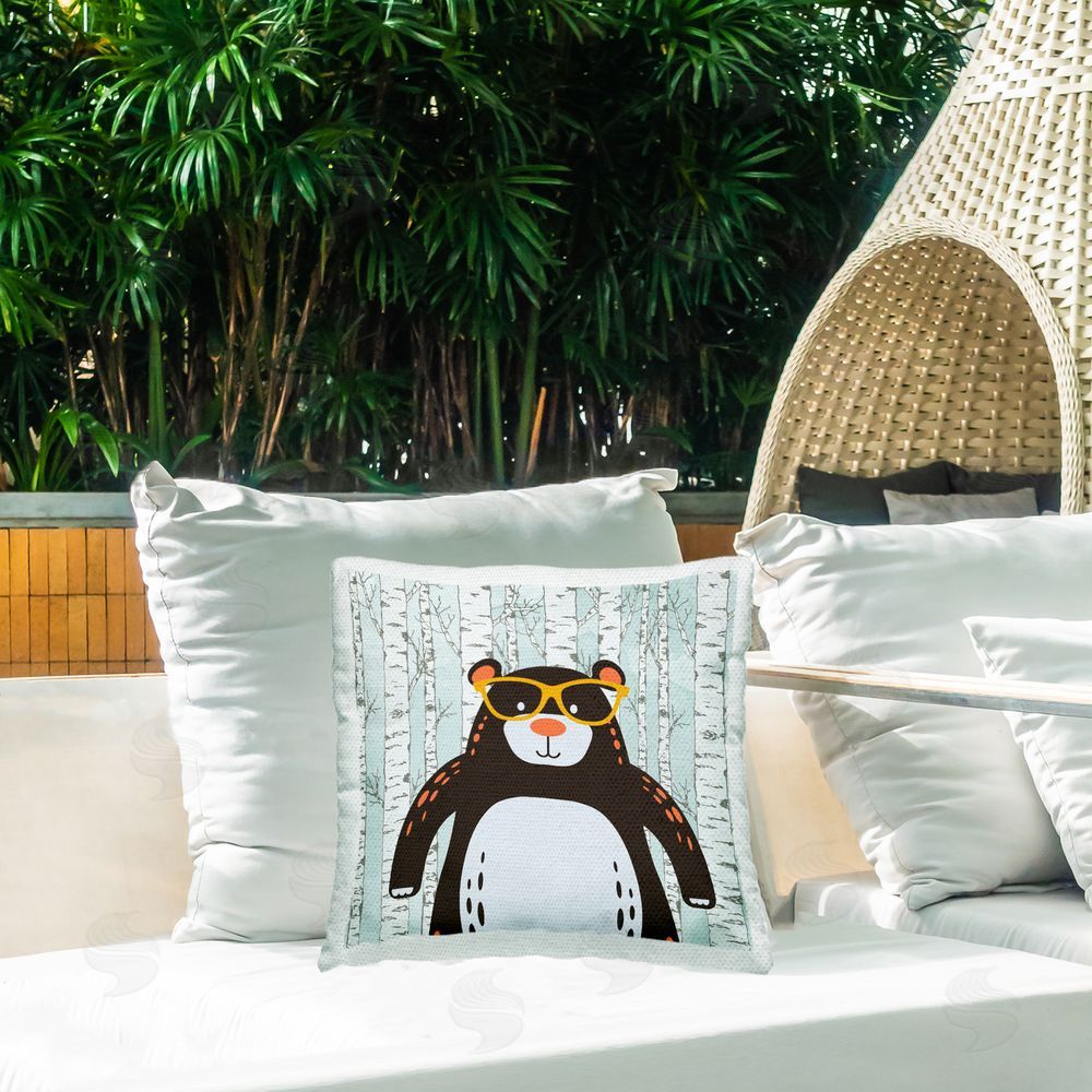 Kim Allen Bear & Birch Trees Outdoor Quick-Dry Polyester Printed Throw Pillow in Back Yard