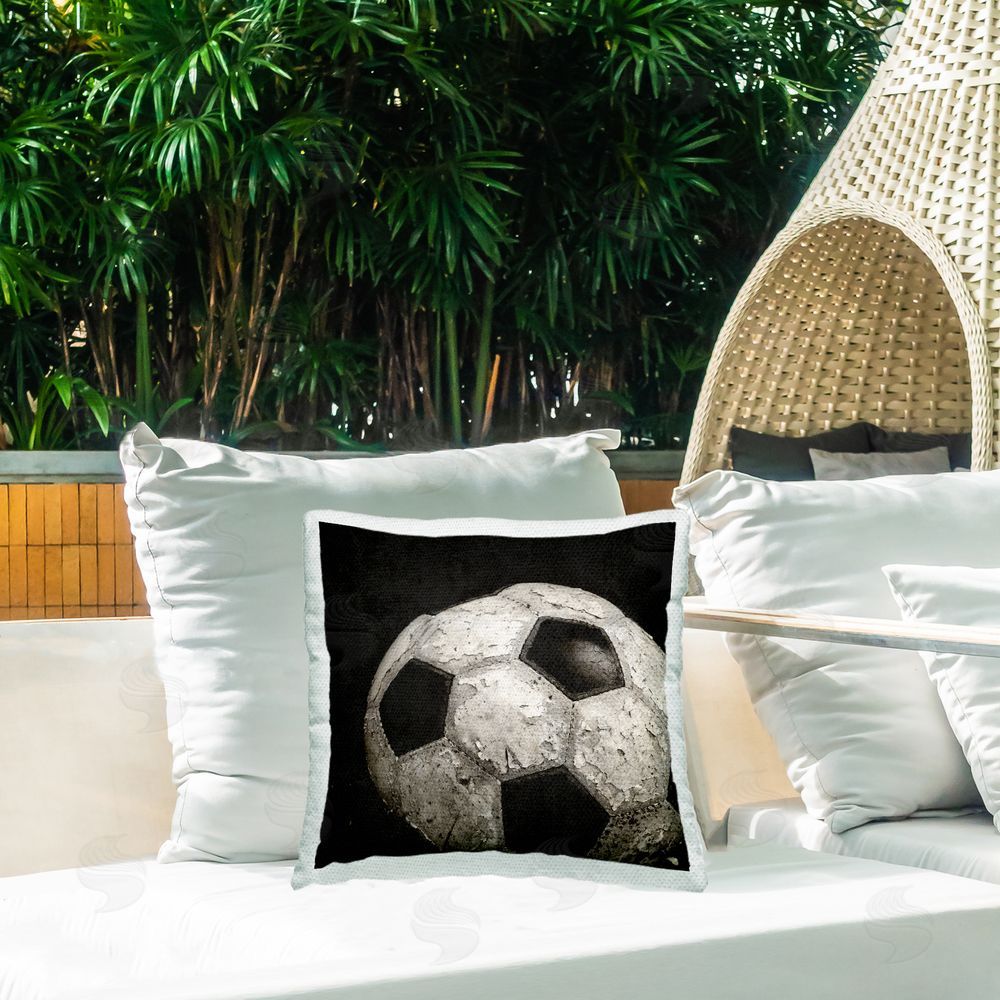 Kim Allen Distressed Soccer Ball Outdoor Quick-Dry Polyester Printed Throw Pillow in Back Yard