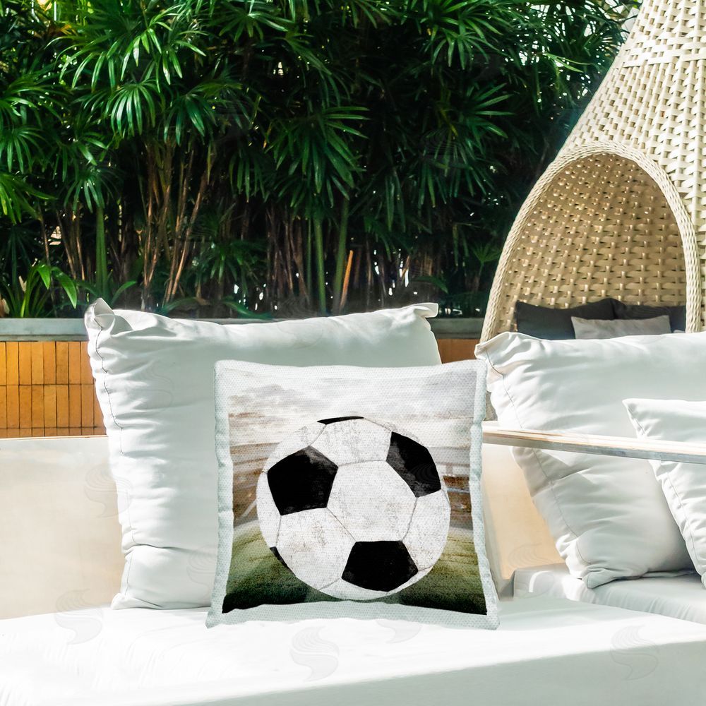 Kim Allen Soccer Ball On Field Outdoor Quick-Dry Polyester Printed Throw Pillow in Back Yard