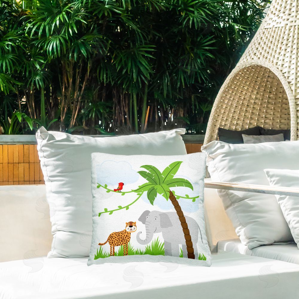 Kim Allen Fun Cartoon Jungle Animals Outdoor Quick-Dry Polyester Printed Throw Pillow in Back Yard