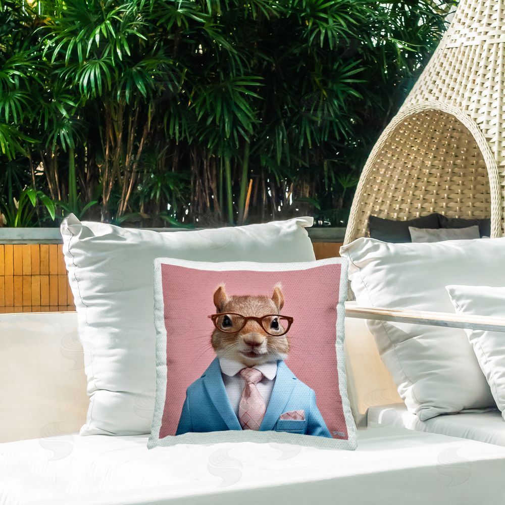 RB Squirrel in Chic Suit Outdoor Quick-Dry Polyester Printed Throw Pillow in Back Yard