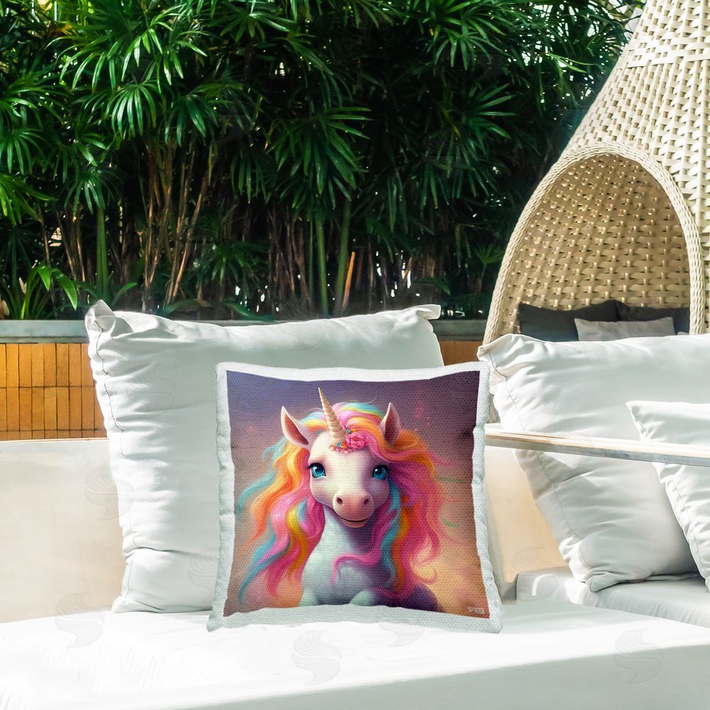 RB Unicorn & Pastel Mane Outdoor Quick-Dry Polyester Printed Throw Pillow in Back Yard