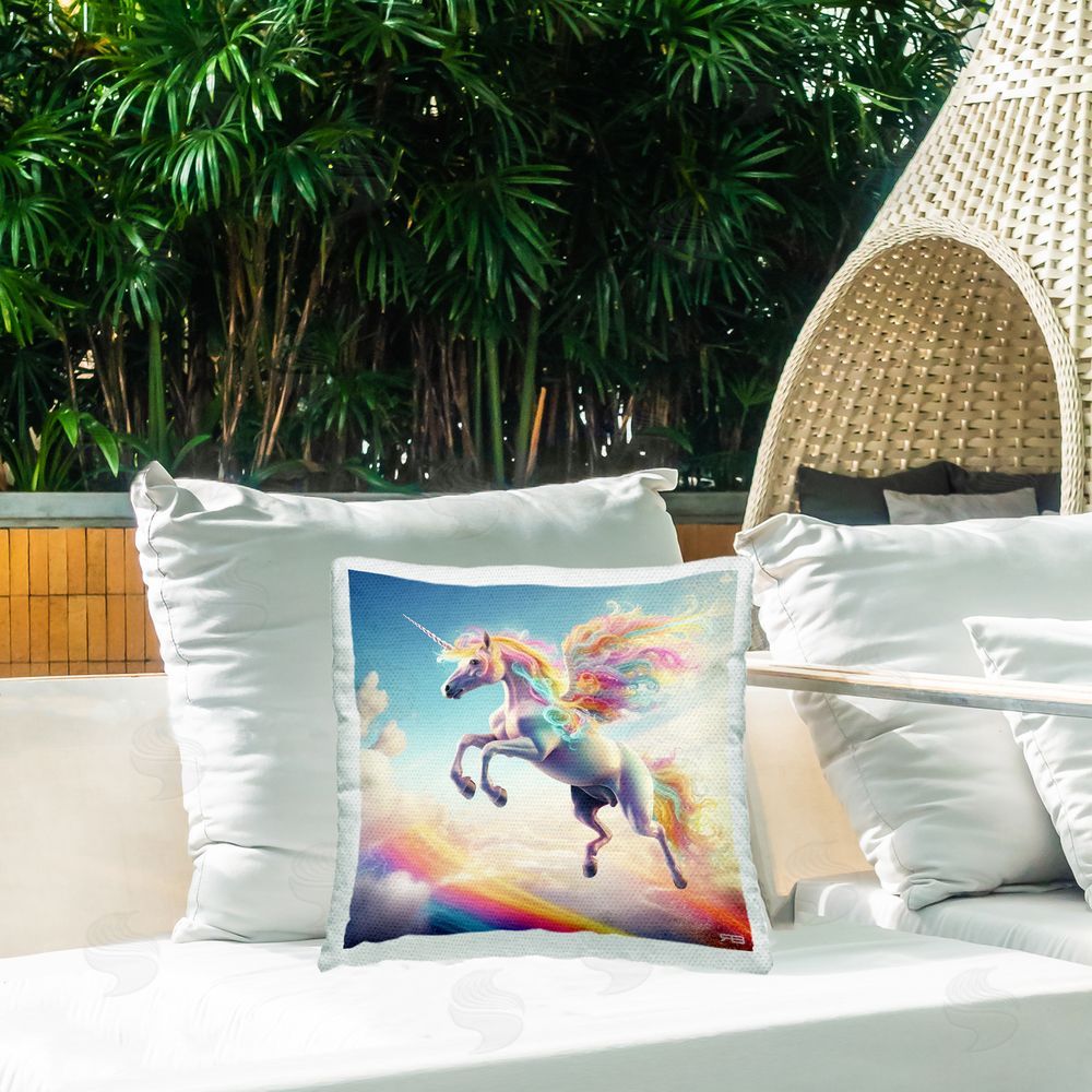 RB Majestic Flying Unicorn Outdoor Quick-Dry Polyester Printed Throw Pillow in Back Yard