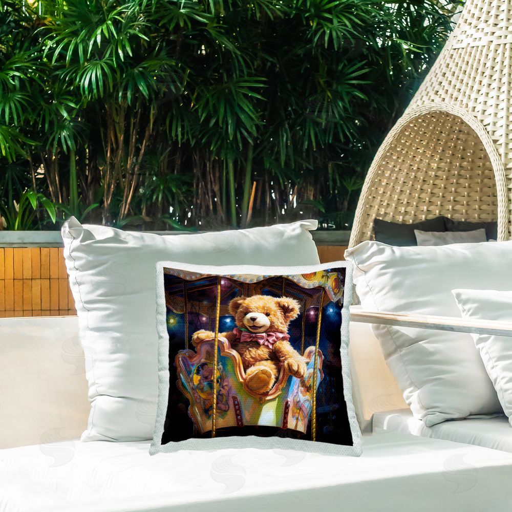 Ray Powers Teddy Bear on Carousel Outdoor Quick-Dry Polyester Printed Throw Pillow in Back Yard