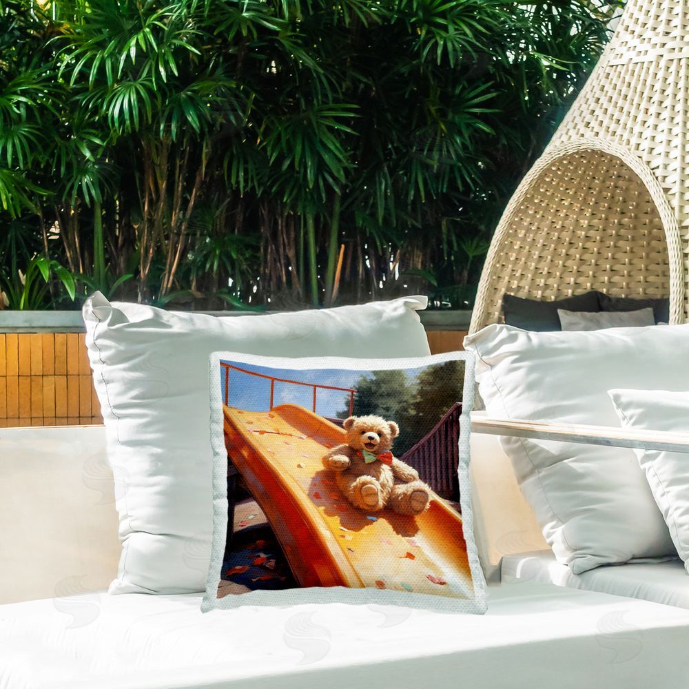 Ray Powers Teddy Bear on Slide Outdoor Quick-Dry Polyester Printed Throw Pillow in Back Yard